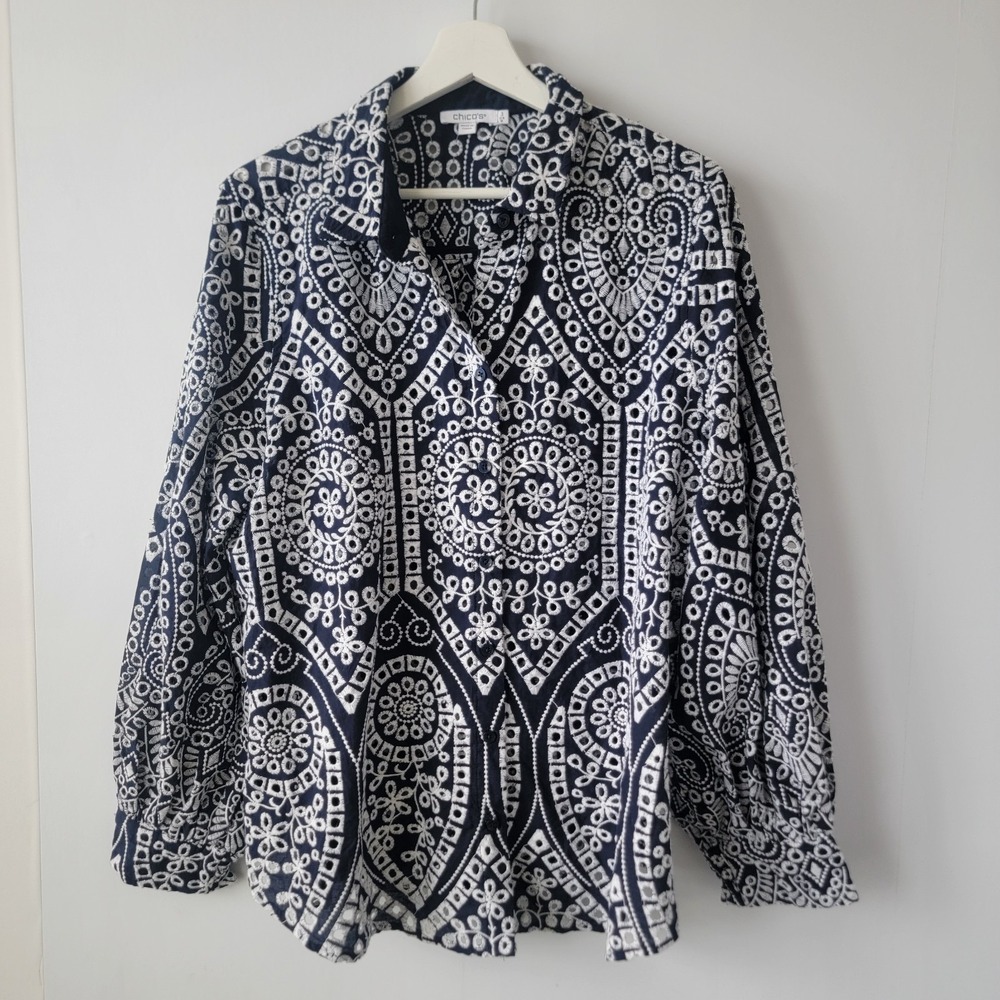 Chico's women's embroidered Eyelet Billow Sleeve Shirt size 16 button-up